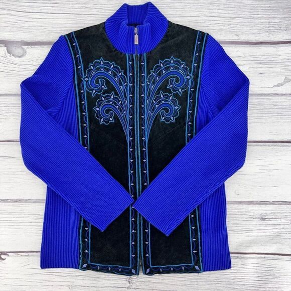 Bob Mackie Womens XS Leather Art Artsy Zip Sweater Jacket Embroidered Boho - Picture 9 of 11